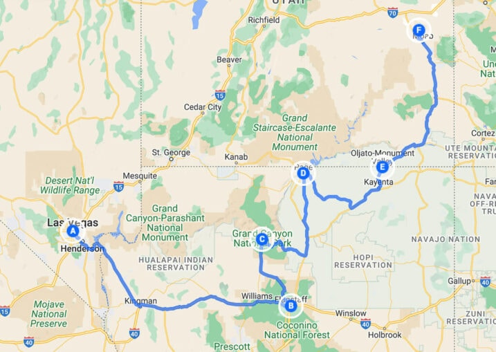 Las Vegas to Arches National Park Southern Route Map