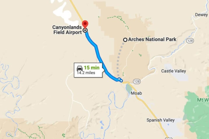 canyonlands field airport to arches national park map