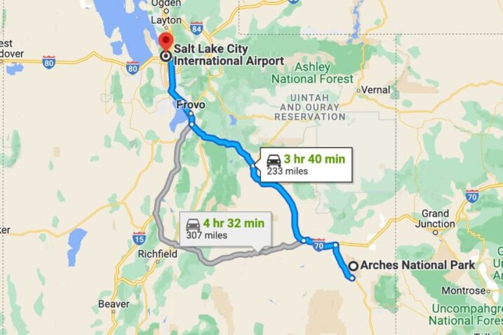 salt lake city international airport to arches national park map
