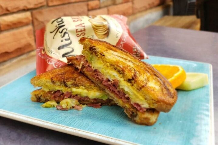 a sandwich with chips  at cafe soleil 