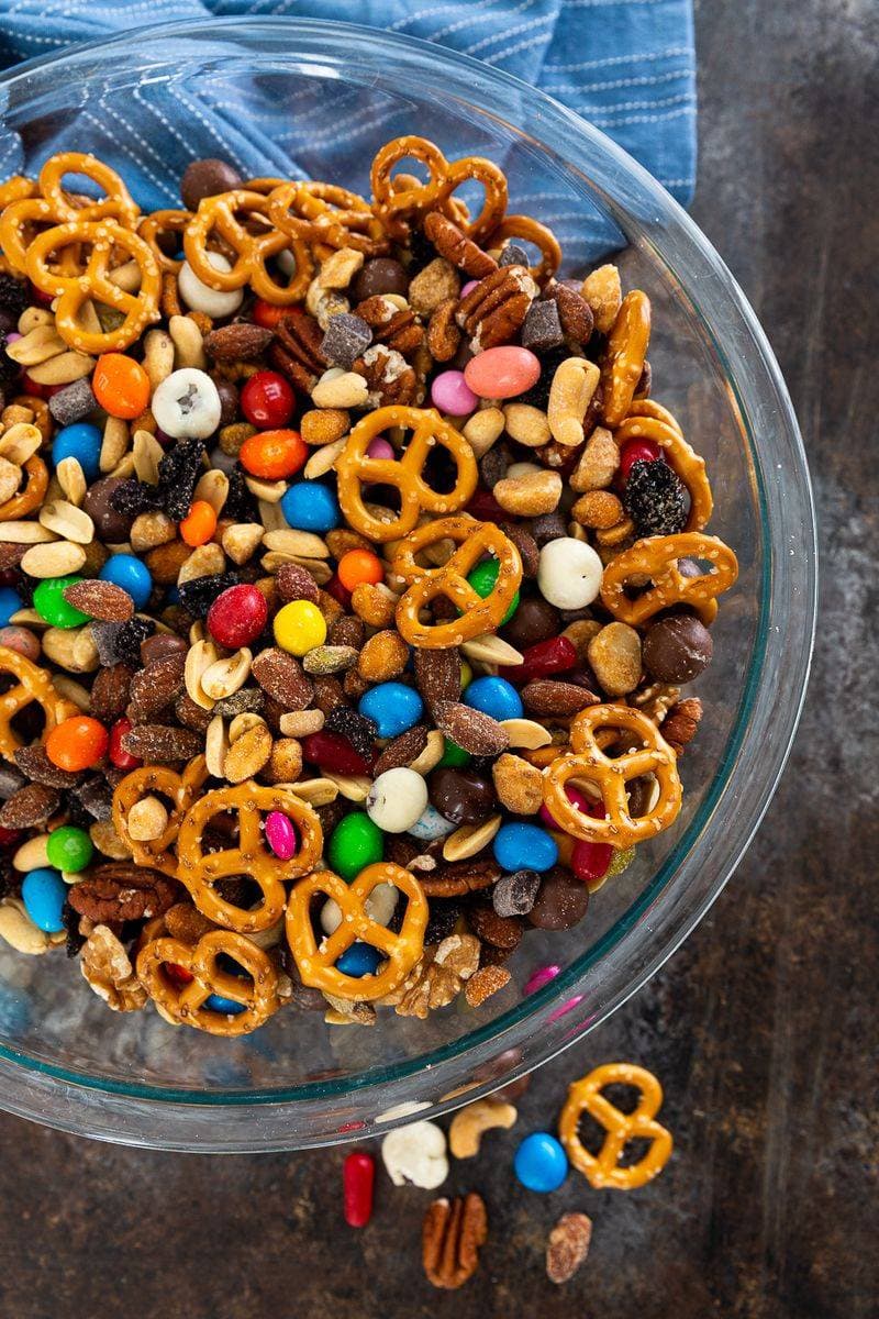 Trail mix remix: dried fruit + salted nuts + mini pretzels