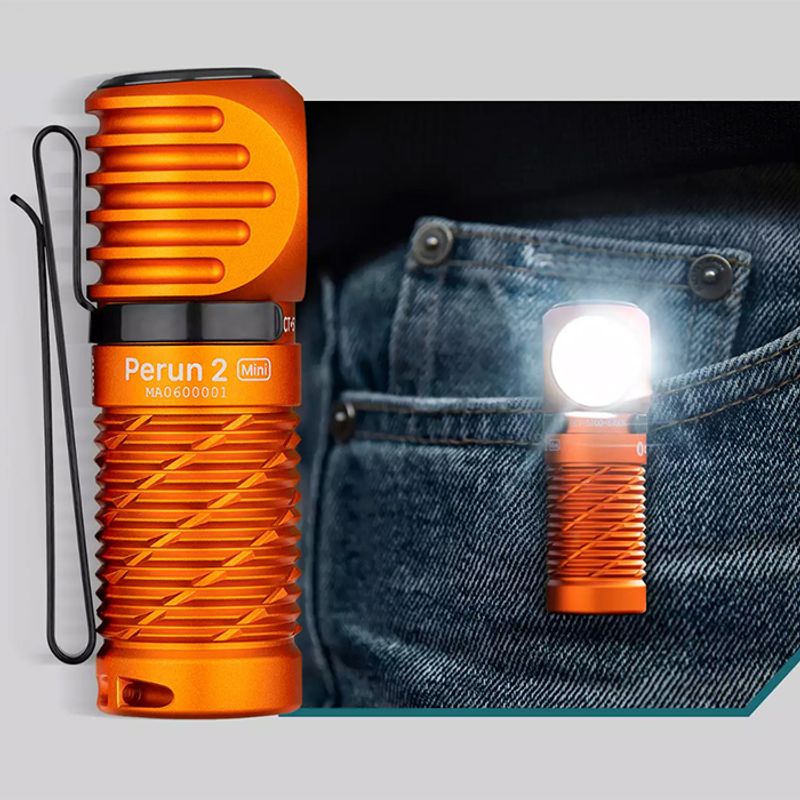 Olight Perun 2 Mini — right-angle multi-use (clips, magnets, headband)