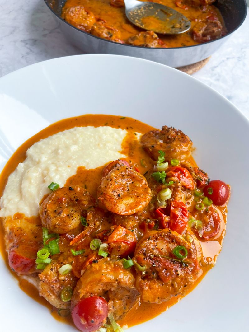 The dish: fried grit cakes, andouille cream, jumbo shrimp