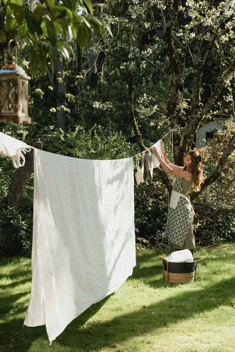 Hanging laundry on a clothesline