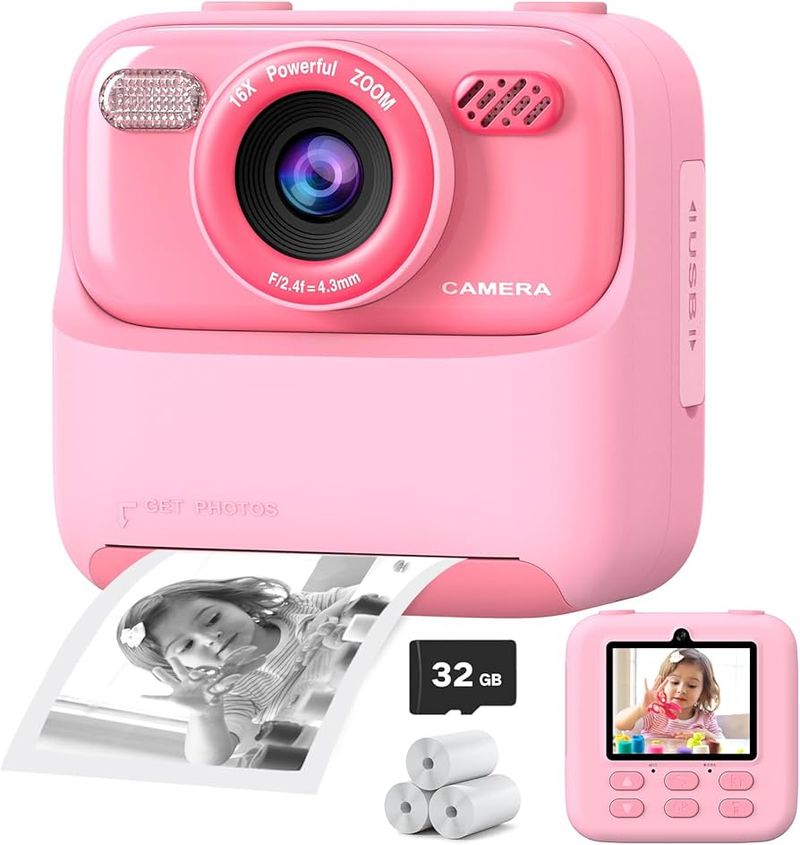 Kids Instant Digital Camera (Dual-Lens, 1080P, 32GB Card)