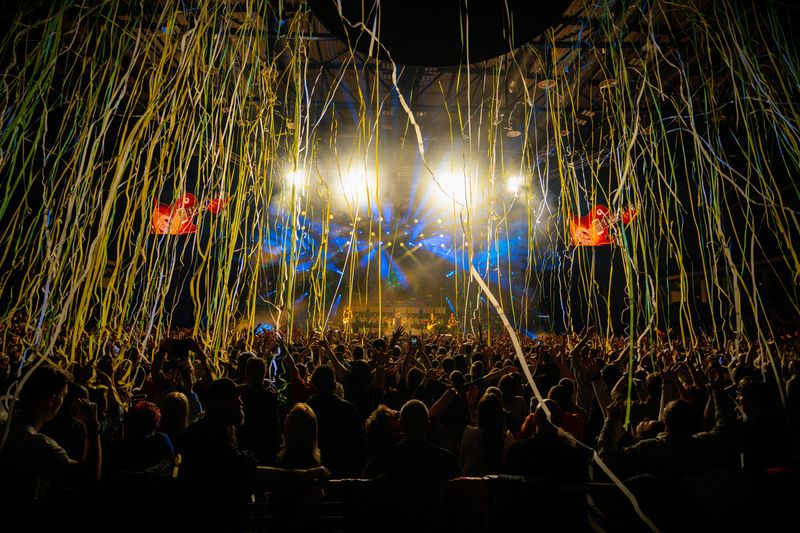 Plastic confetti and beach or park glitter blasts