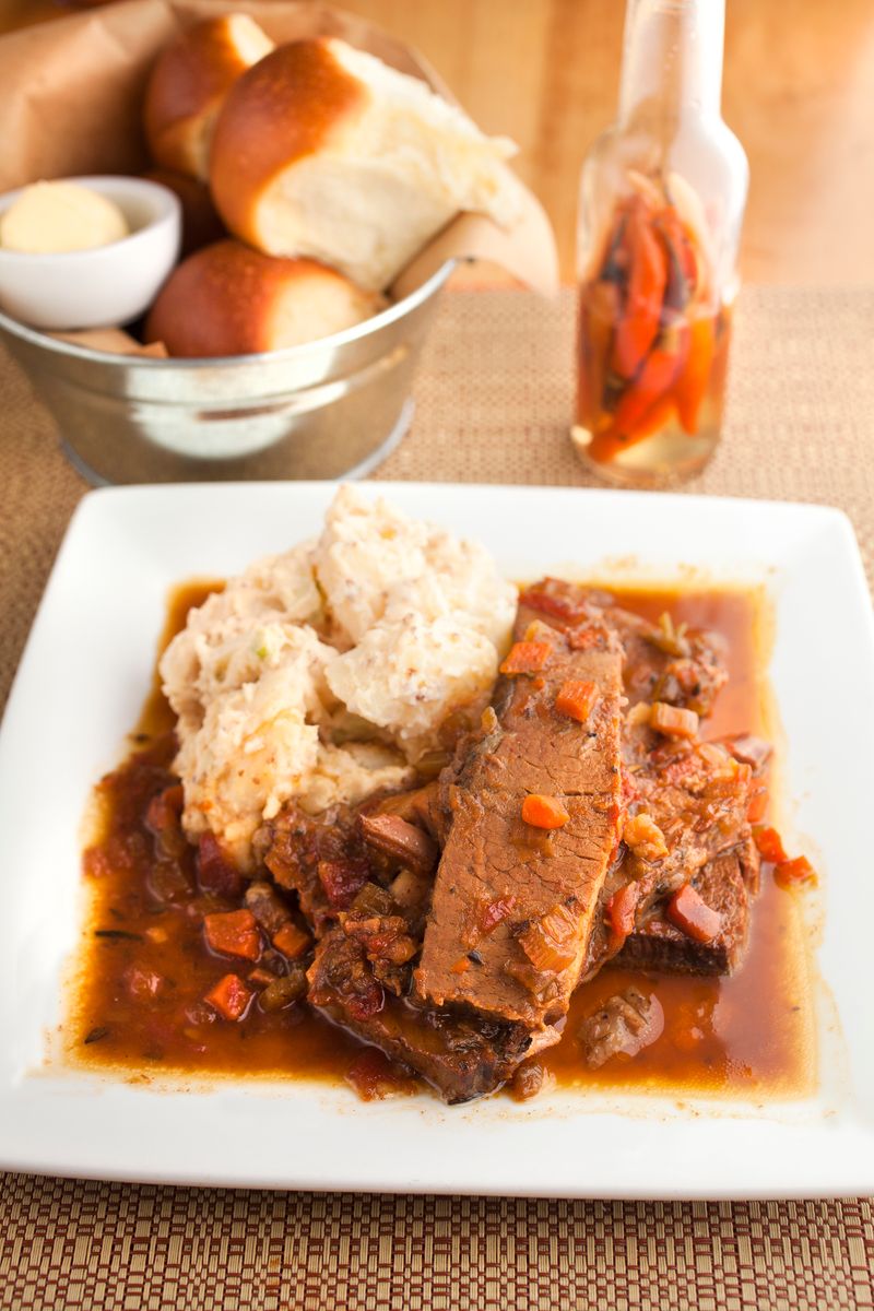 Smoked and braised brisket with deviled egg potato salad
