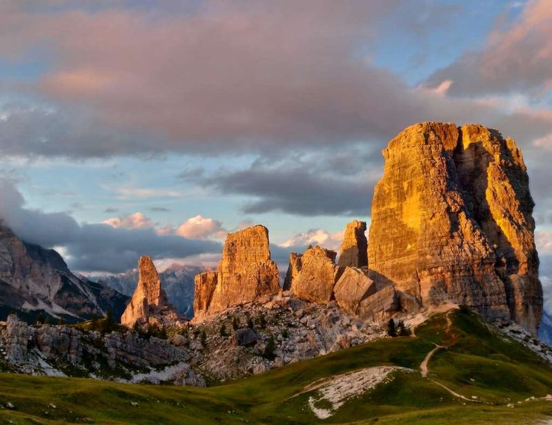 Visit Cinque Torri (Five Towers) for hiking, snowshoeing, and climbing scenery