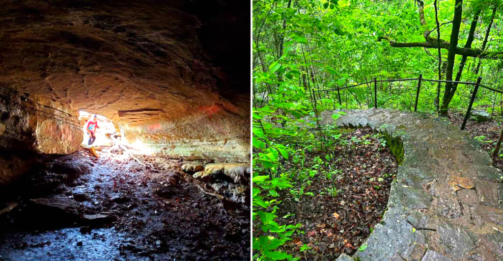 This Hidden Branson Wilderness Area Has Waterfalls, Caves, and 315 Stone Steps Down to the Lake