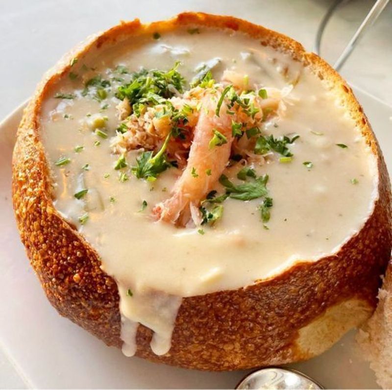 Crab-Topped Clam Chowder in a Bread Bowl Crab-Topped Clam Chowder in a Bread Bowl