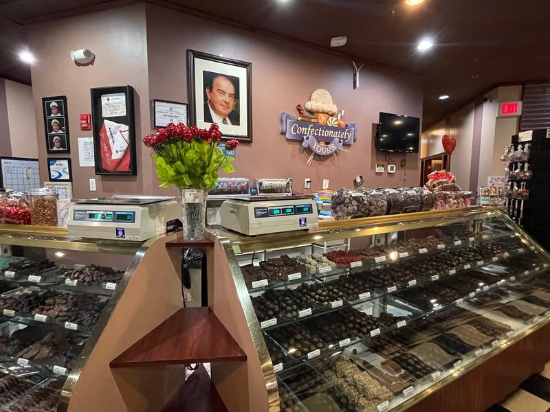 Handmade chocolates behind the candy counter