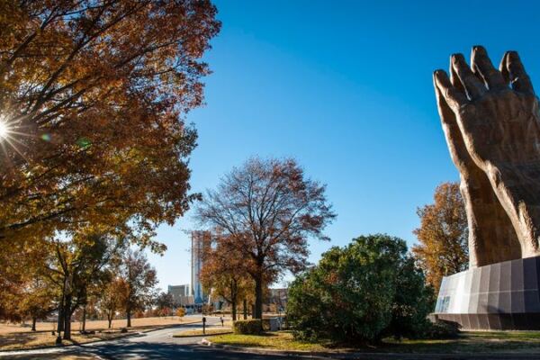 An Enormous Praying Hands Sculpture Towers Over Oral Roberts University in Tulsa, Oklahoma