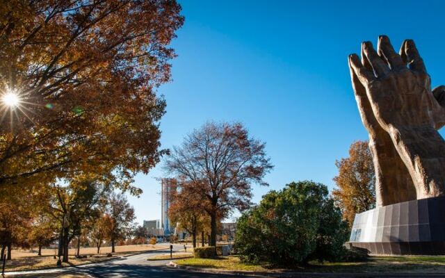 An Enormous Praying Hands Sculpture Towers Over Oral Roberts University in Tulsa, Oklahoma