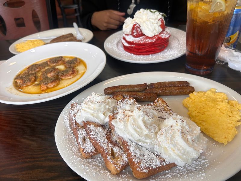 Red Velvet Pancakes With Frosting on Top