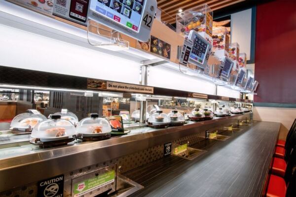 Dinner Arrives by Conveyor Belt at Kura in Jersey City, New Jersey